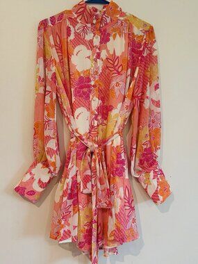 Fate Floral Short Dress Size M Colorful Balloon Sleeve Belted Flowy Lined